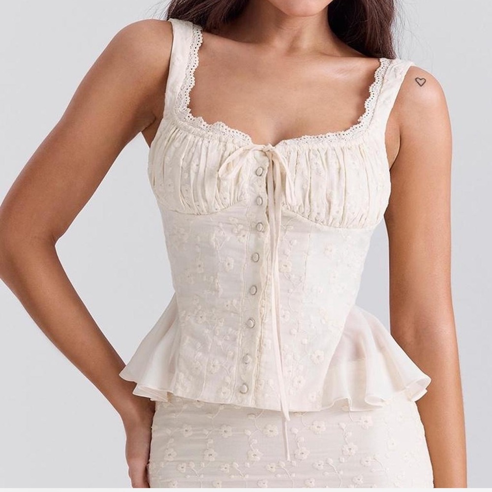 House of CB Jean Cream Lace-Trim Peplum Top XS regular cup